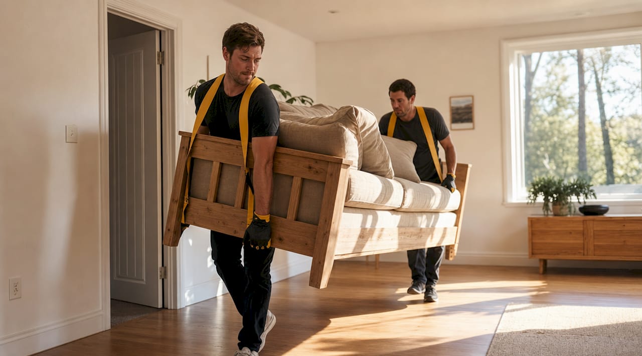 Two movers carrying sofa through living room