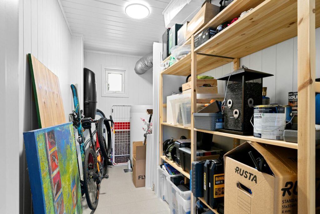 A long narrow room with a lot of storage